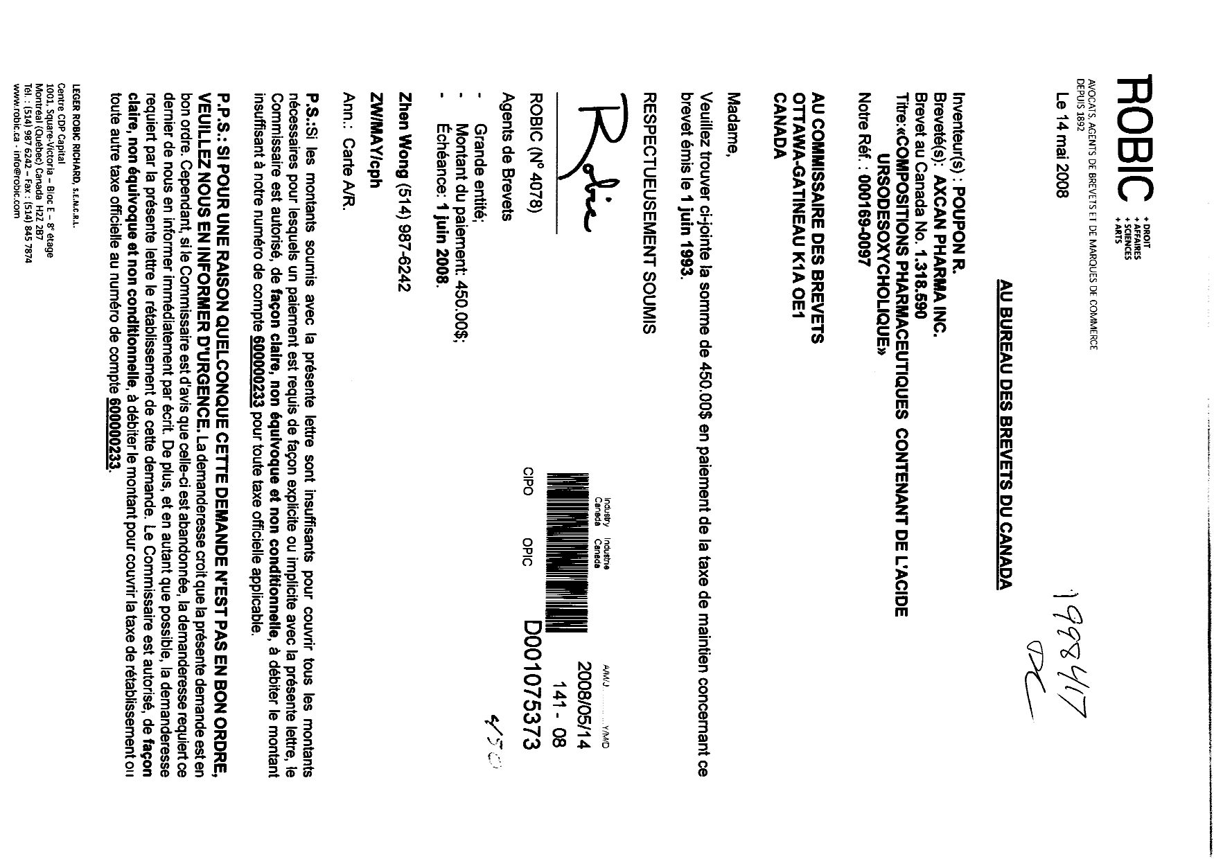 Document de brevet canadien 1318590. Taxes 20071214. Image 1 de 1