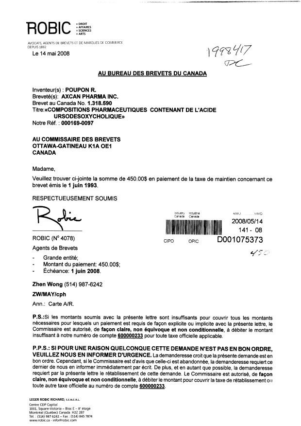 Document de brevet canadien 1318590. Taxes 20080514. Image 1 de 1