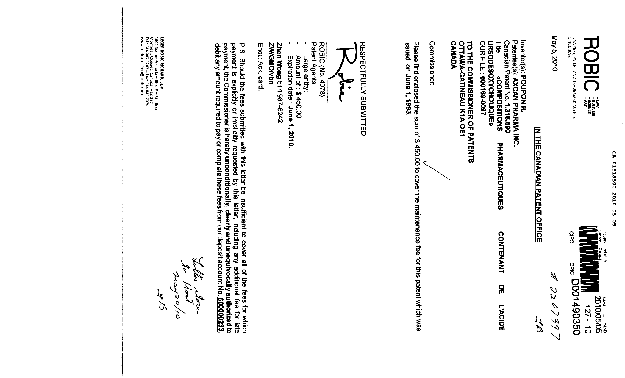 Document de brevet canadien 1318590. Taxes 20091205. Image 1 de 1