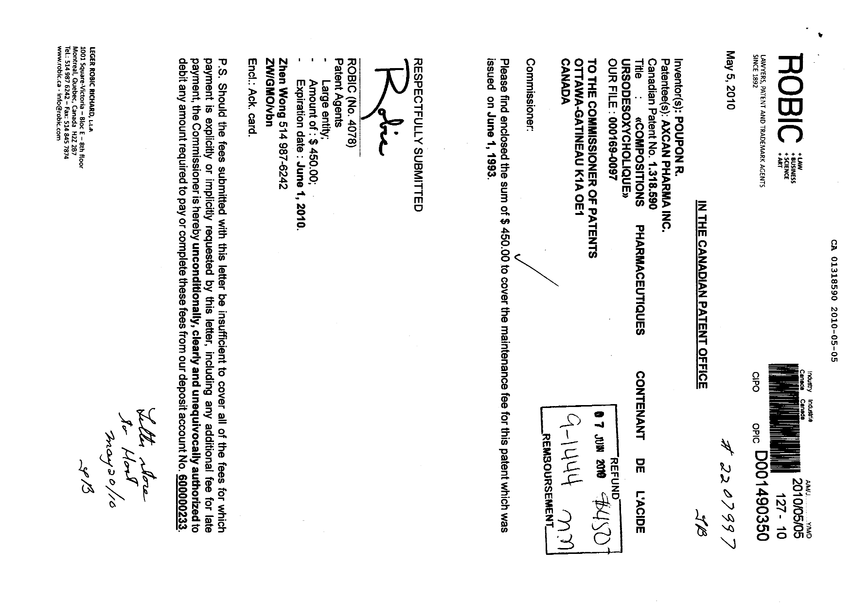 Document de brevet canadien 1318590. Taxes 20091205. Image 1 de 1