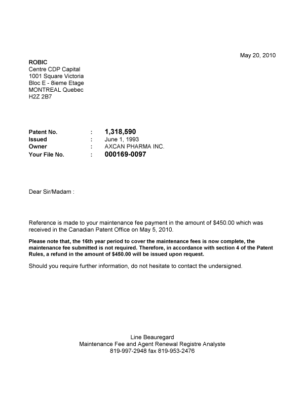 Document de brevet canadien 1318590. Correspondance 20100520. Image 1 de 1