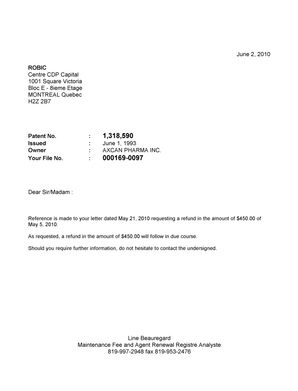 Document de brevet canadien 1318590. Correspondance 20100602. Image 1 de 1