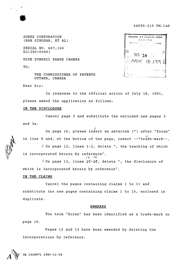 Canadian Patent Document 1318971. Prosecution Correspondence 19911118. Image 1 of 2