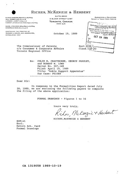 Document de brevet canadien 1319058. Correspondance de la poursuite 19891019. Image 1 de 1