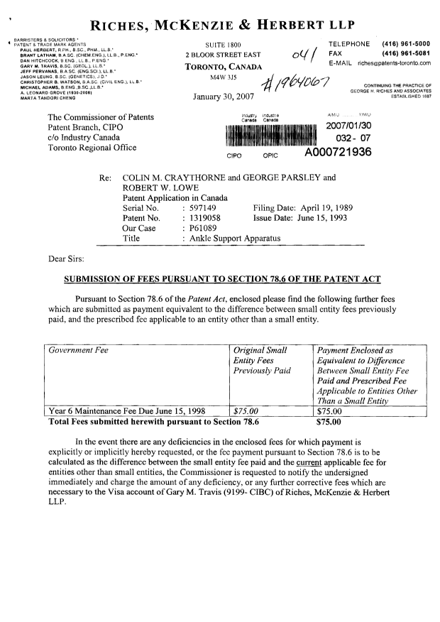 Canadian Patent Document 1319058. Prosecution-Amendment 20070130. Image 1 of 2