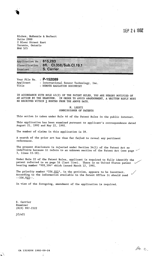 Canadian Patent Document 1319206. Examiner Requisition 19920924. Image 1 of 1
