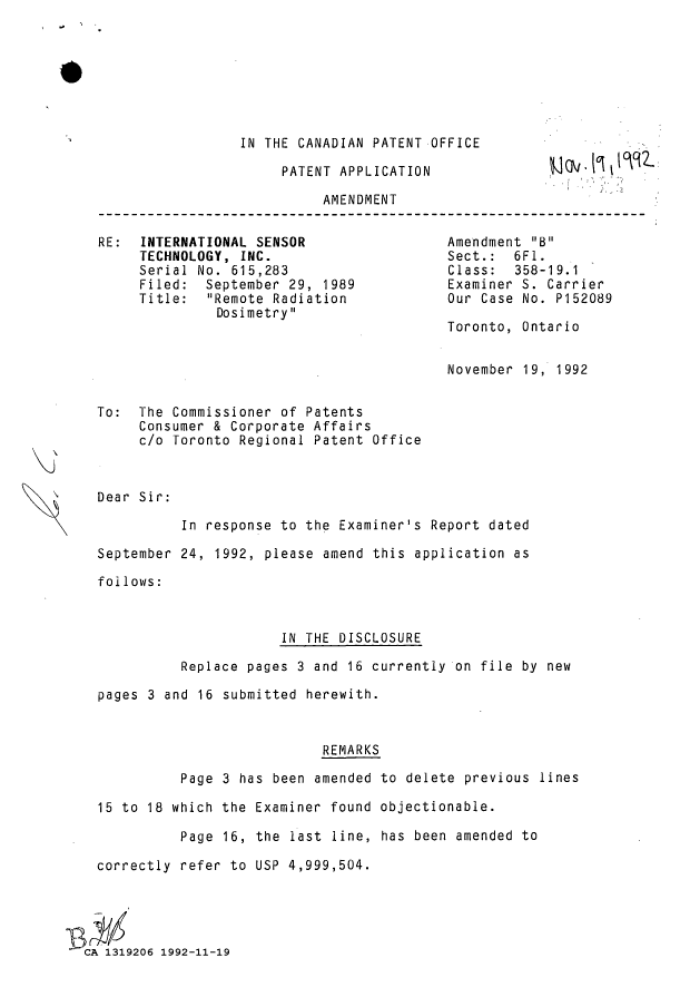 Document de brevet canadien 1319206. Correspondance de la poursuite 19921119. Image 1 de 2