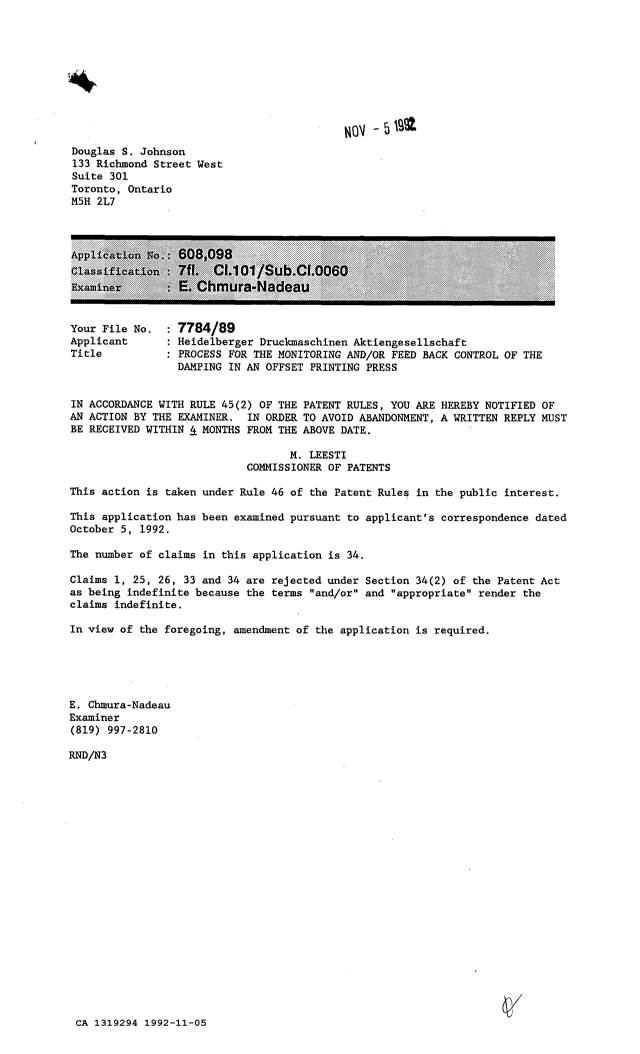Document de brevet canadien 1319294. Demande d'examen 19921105. Image 1 de 1