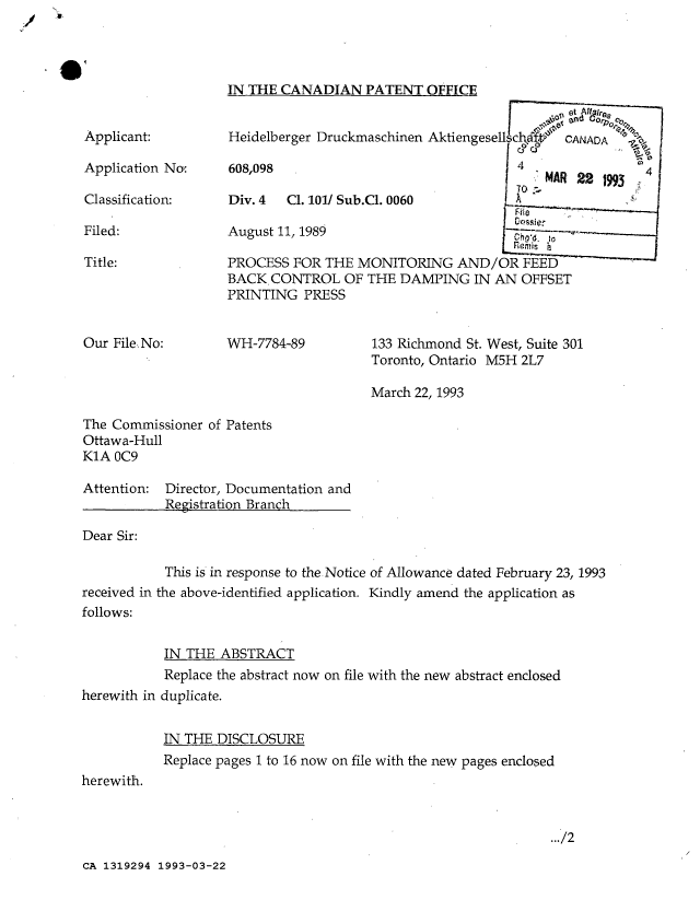 Document de brevet canadien 1319294. Correspondance de la poursuite 19930322. Image 1 de 2