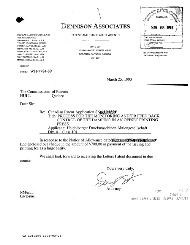 Document de brevet canadien 1319294. Correspondance reliée au PCT 19930325. Image 1 de 1