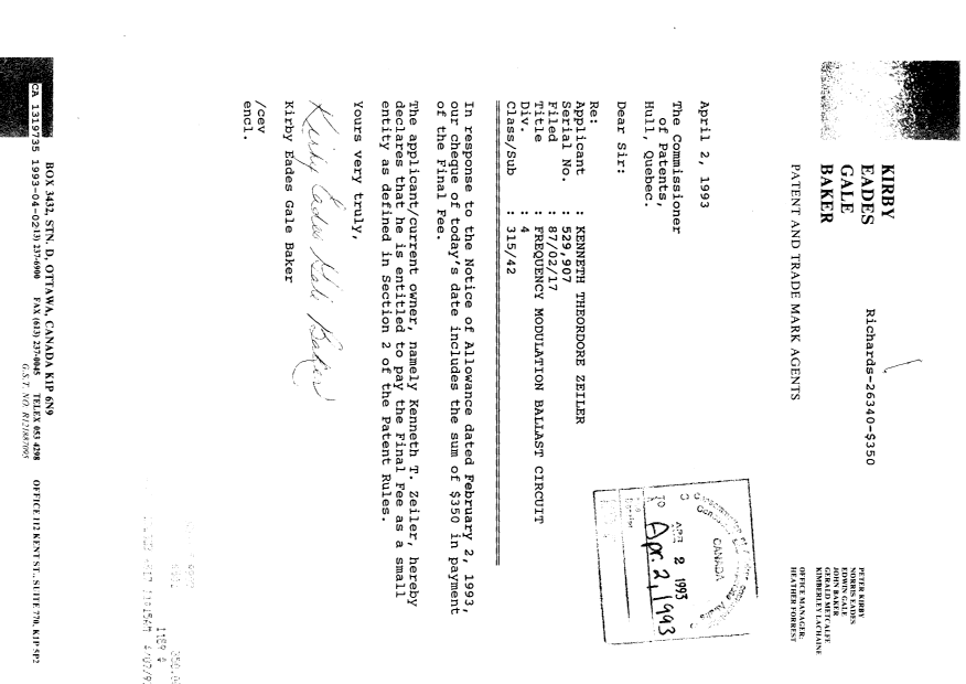 Canadian Patent Document 1319735. PCT Correspondence 19930402. Image 1 of 1