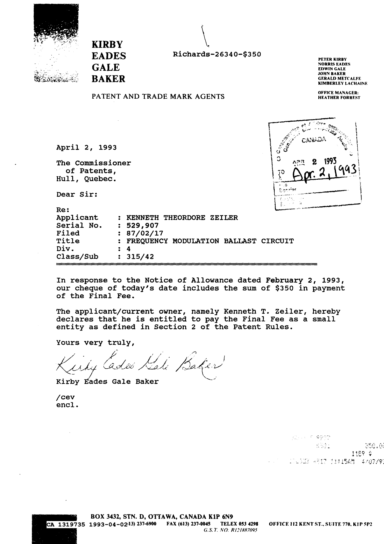 Canadian Patent Document 1319735. PCT Correspondence 19930402. Image 1 of 1