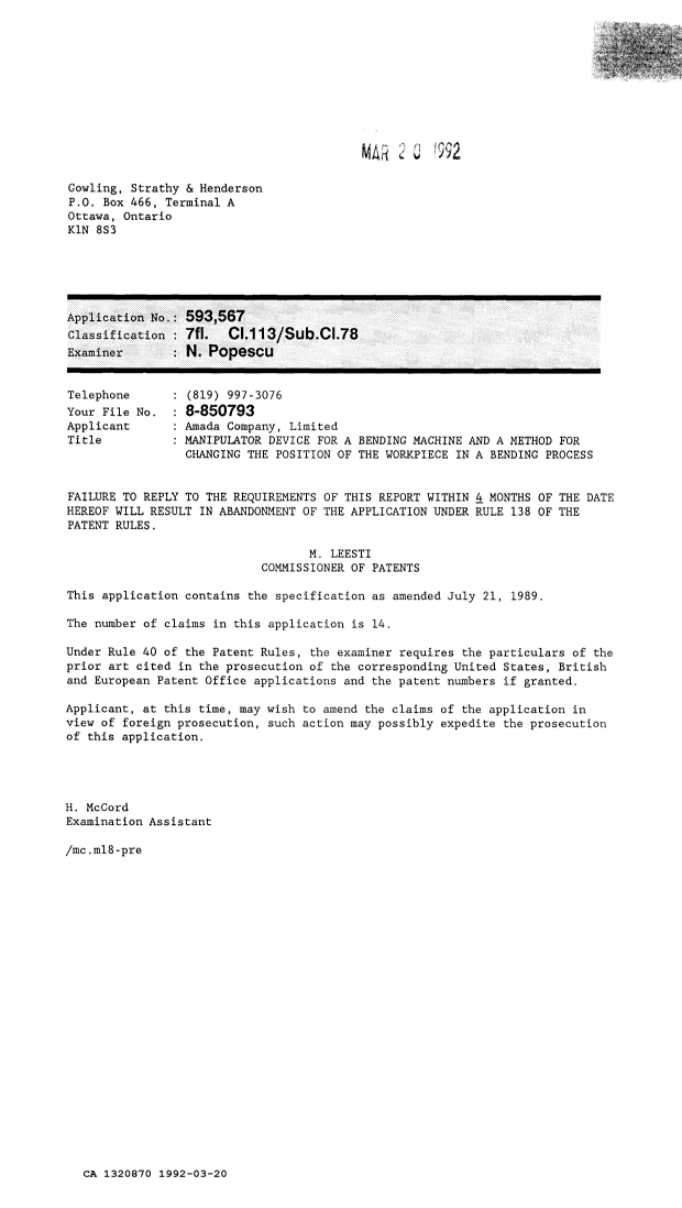 Canadian Patent Document 1320870. Examiner Requisition 19920320. Image 1 of 1