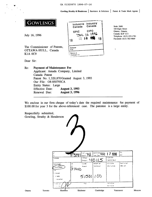 Document de brevet canadien 1320870. Taxes 19960716. Image 1 de 1