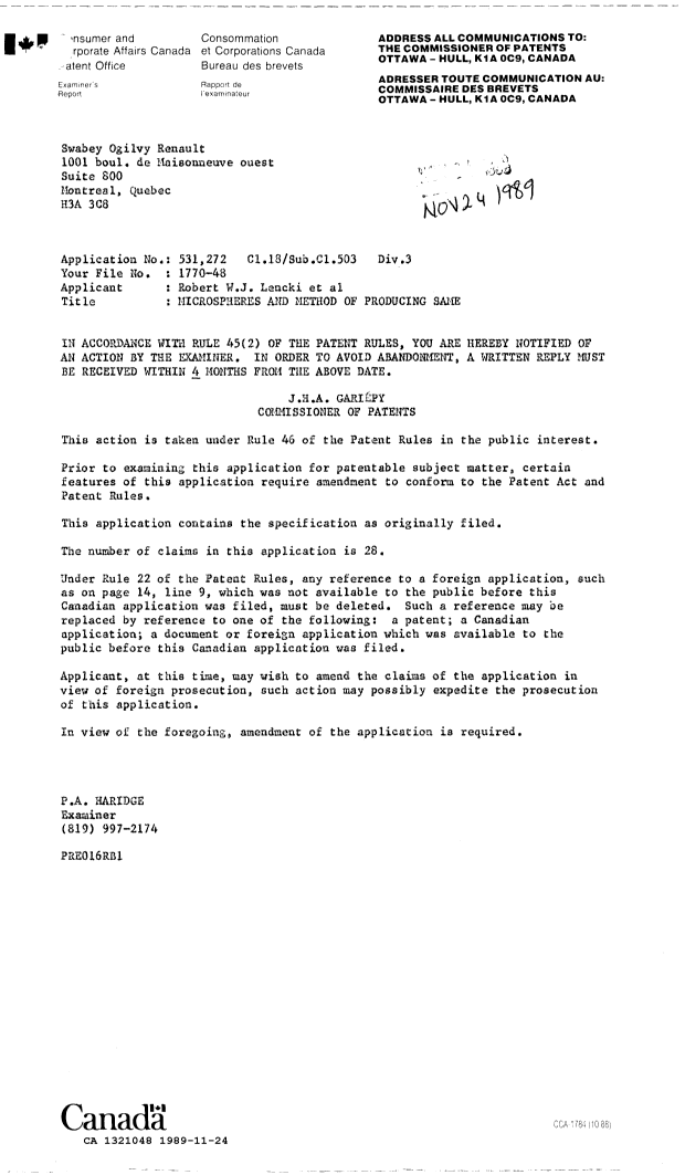 Canadian Patent Document 1321048. Examiner Requisition 19891124. Image 1 of 1