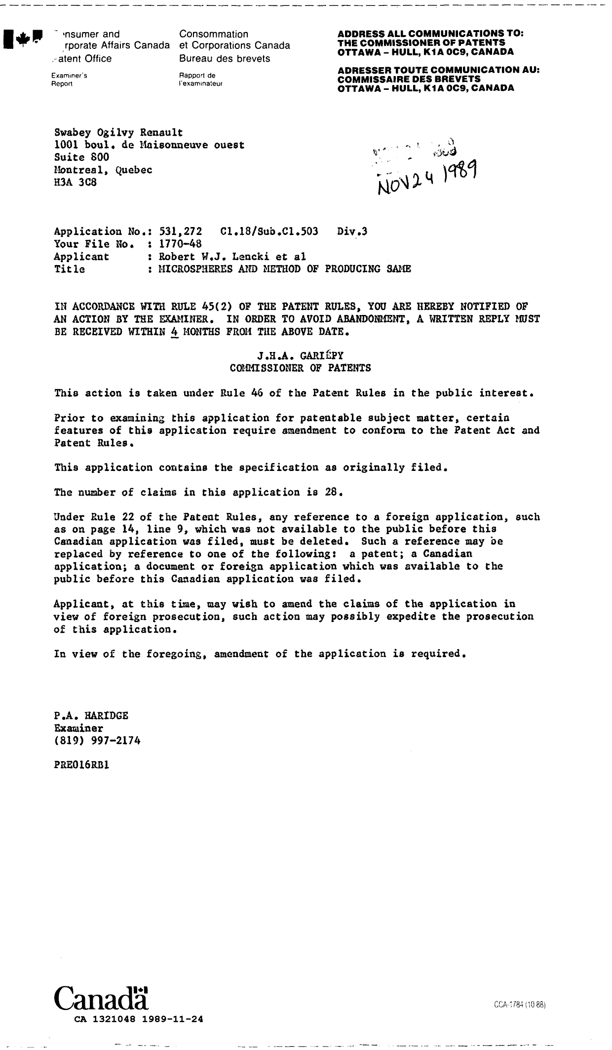 Canadian Patent Document 1321048. Examiner Requisition 19891124. Image 1 of 1