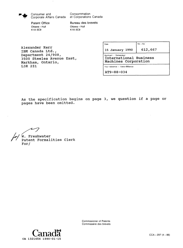 Canadian Patent Document 1321656. Office Letter 19900115. Image 1 of 1