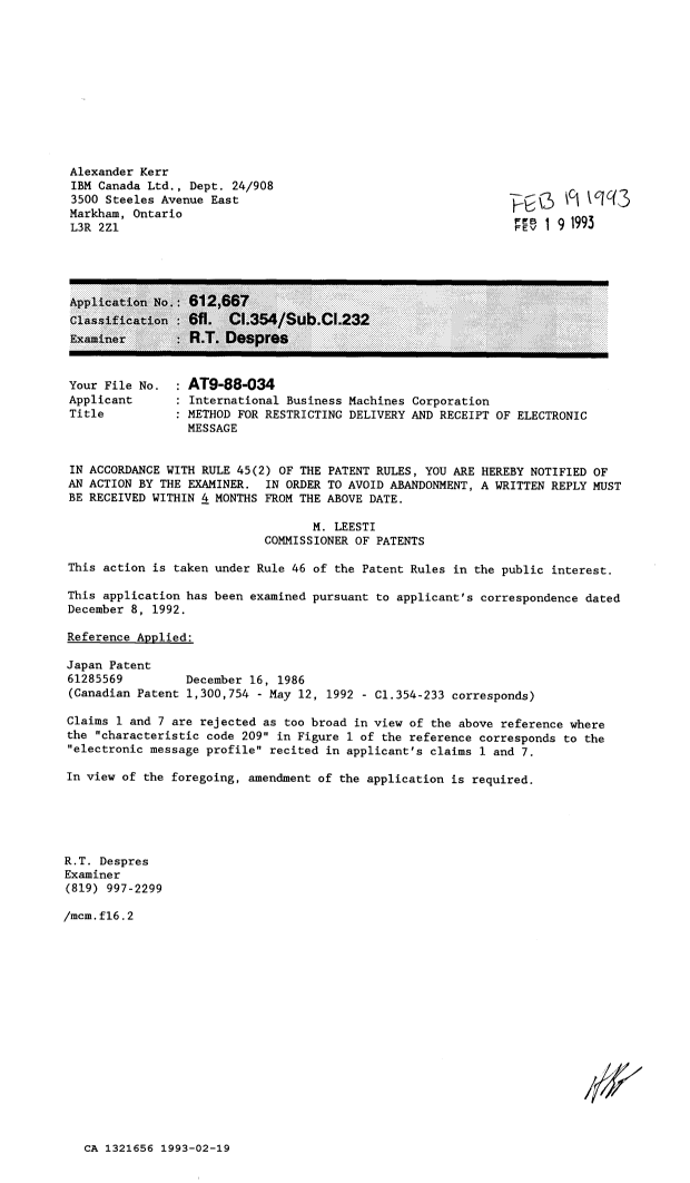 Canadian Patent Document 1321656. Examiner Requisition 19930219. Image 1 of 1