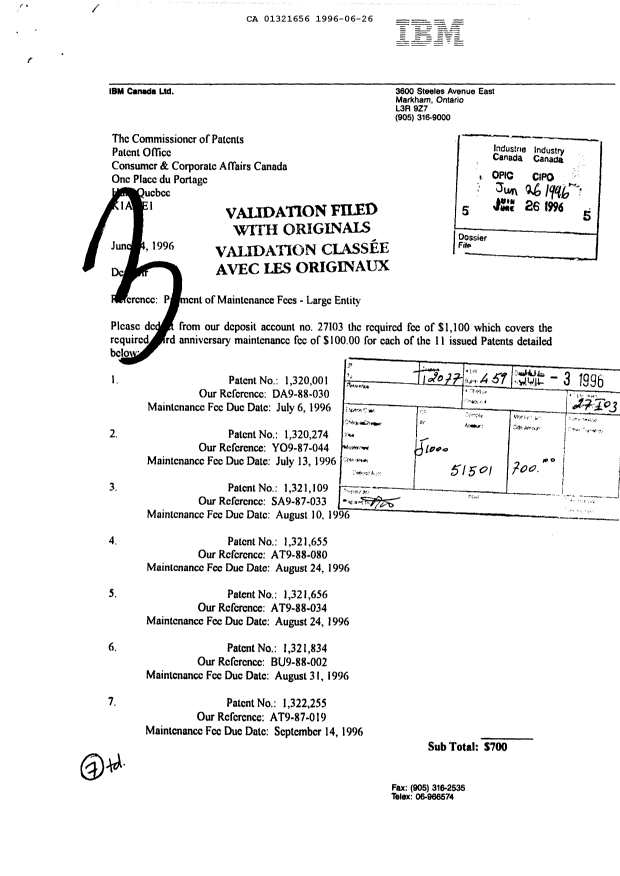 Canadian Patent Document 1321656. Fees 19960626. Image 1 of 1