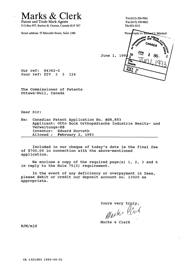 Document de brevet canadien 1321683. Correspondance de la poursuite 19930601. Image 1 de 1