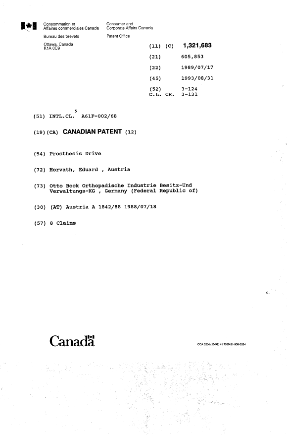 Document de brevet canadien 1321683. Page couverture 19940304. Image 1 de 1