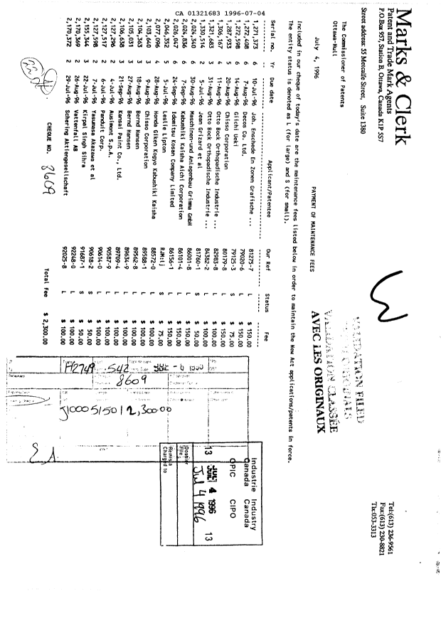 Document de brevet canadien 1321683. Taxes 19960704. Image 1 de 1