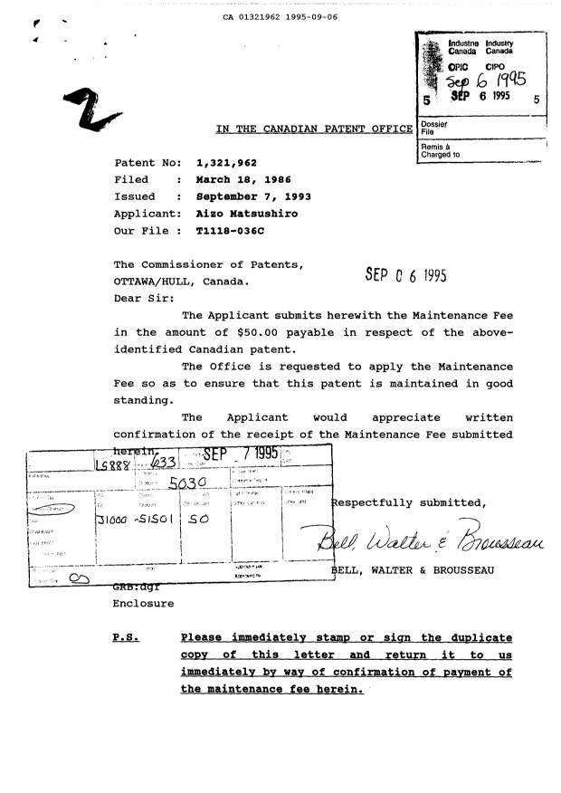 Document de brevet canadien 1321962. Taxes 19950906. Image 1 de 1