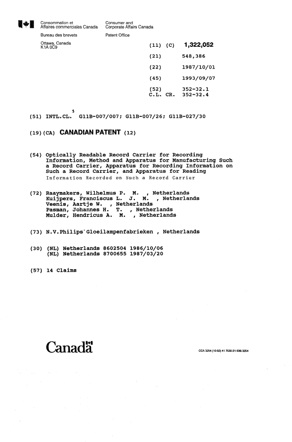 Canadian Patent Document 1322052. Cover Page 19940308. Image 1 of 1