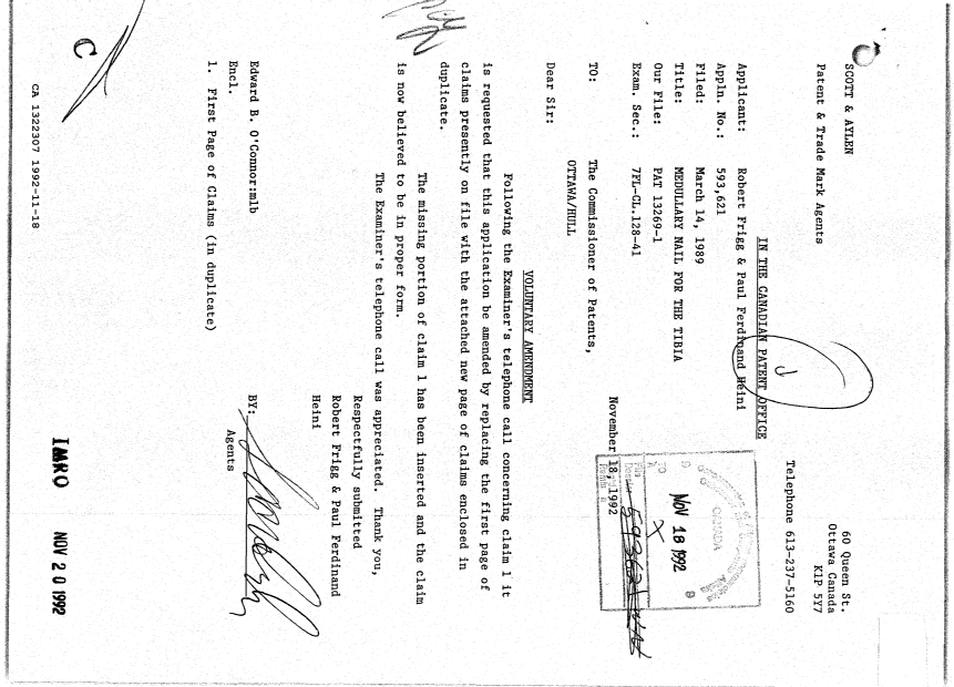 Canadian Patent Document 1322307. Prosecution Correspondence 19921118. Image 1 of 2