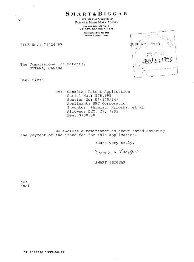 Canadian Patent Document 1322390. PCT Correspondence 19930622. Image 1 of 1