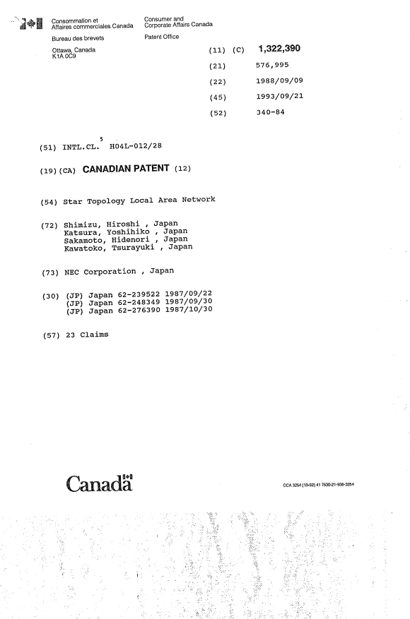Canadian Patent Document 1322390. Cover Page 19940308. Image 1 of 1