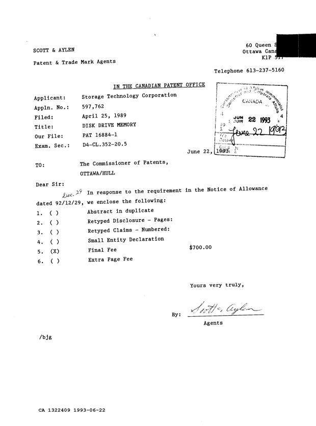 Canadian Patent Document 1322409. Correspondence 19921222. Image 1 of 1