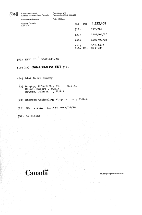 Canadian Patent Document 1322409. Cover Page 19931208. Image 1 of 1