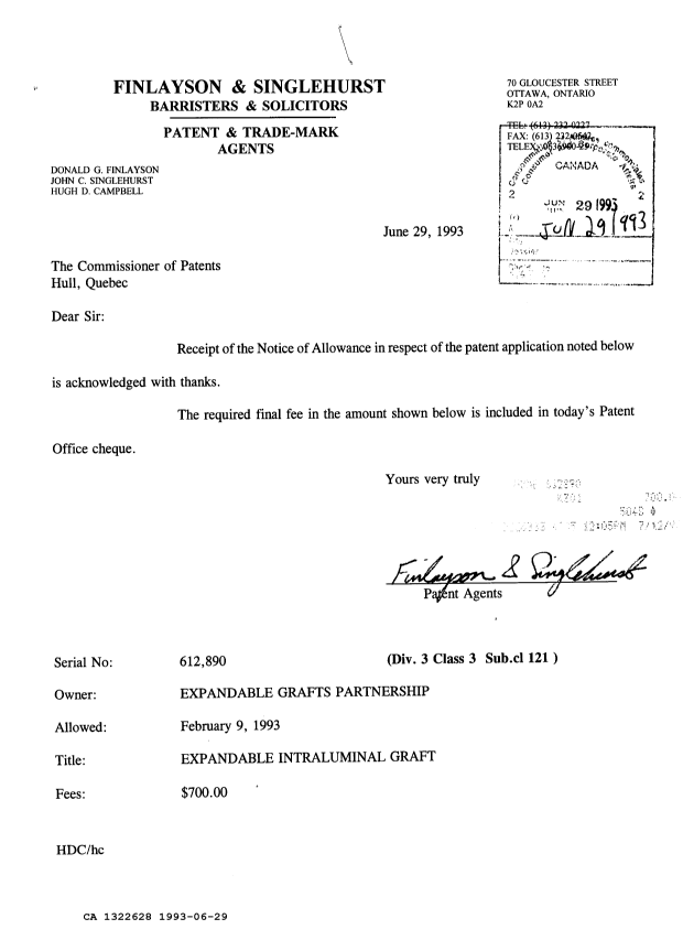 Canadian Patent Document 1322628. Correspondence 19921229. Image 1 of 1