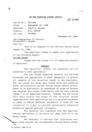 Canadian Patent Document 1322701. Prosecution Correspondence 19881229. Image 1 of 3