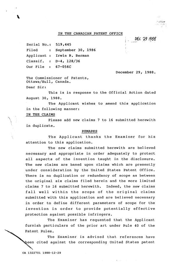 Document de brevet canadien 1322701. Correspondance de la poursuite 19881229. Image 1 de 3
