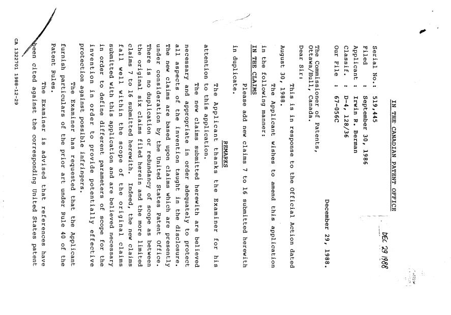 Canadian Patent Document 1322701. Prosecution Correspondence 19881229. Image 1 of 3