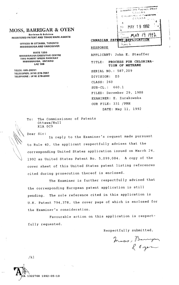 Canadian Patent Document 1322768. Prosecution Correspondence 19920519. Image 1 of 1