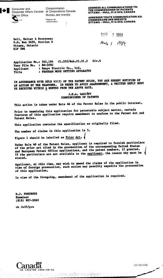 Canadian Patent Document 1322788. Examiner Requisition 19890801. Image 1 of 1