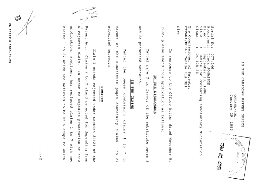 Canadian Patent Document 1322910. Prosecution Correspondence 19930129. Image 1 of 2