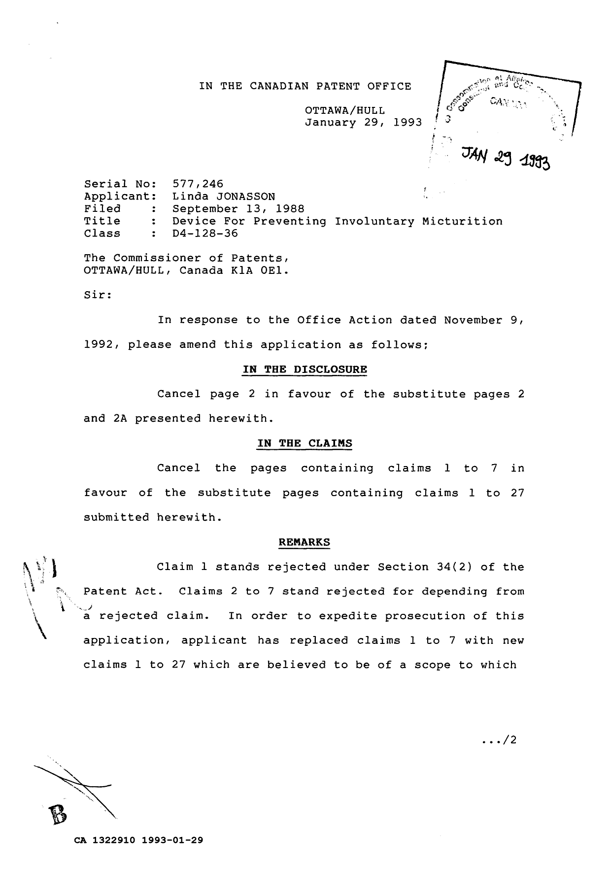 Canadian Patent Document 1322910. Prosecution Correspondence 19930129. Image 1 of 2