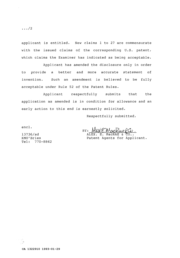 Canadian Patent Document 1322910. Prosecution Correspondence 19930129. Image 2 of 2