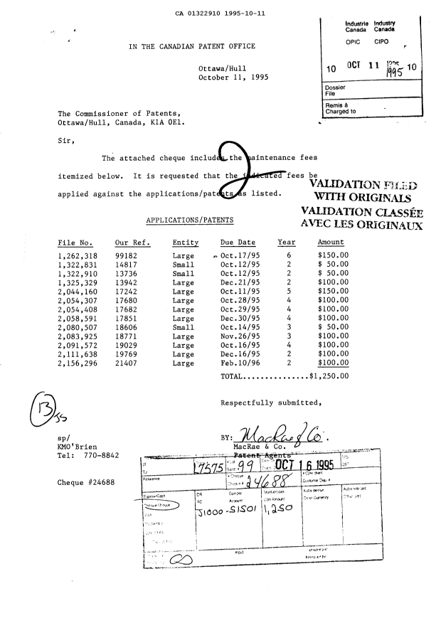 Document de brevet canadien 1322910. Taxes 19951011. Image 1 de 1