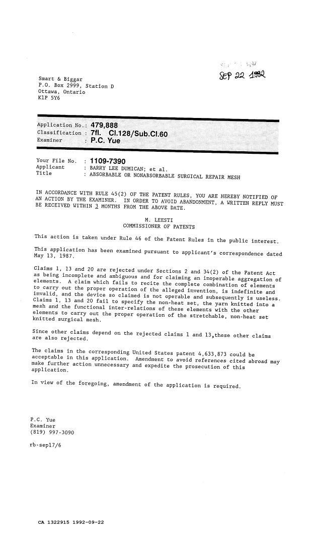 Canadian Patent Document 1322915. Examiner Requisition 19920922. Image 1 of 1