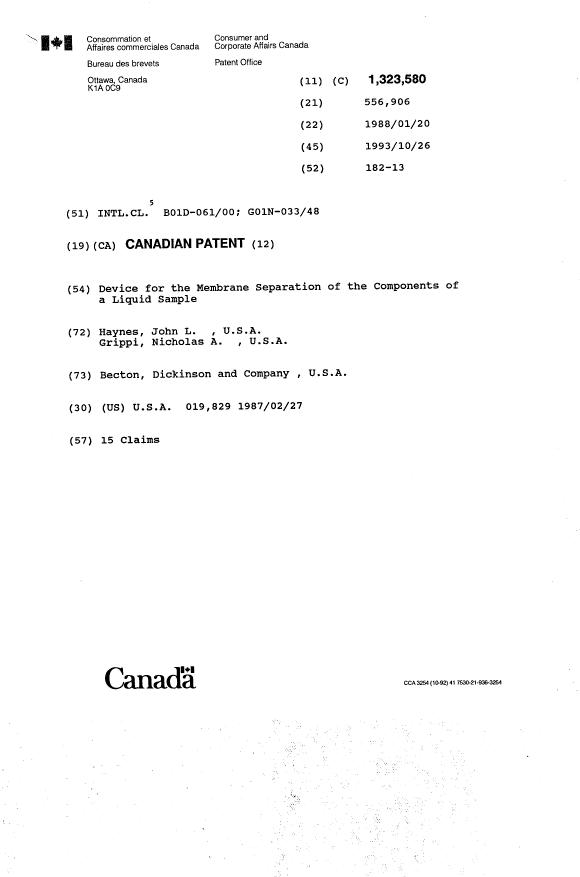 Document de brevet canadien 1323580. Page couverture 19940309. Image 1 de 1
