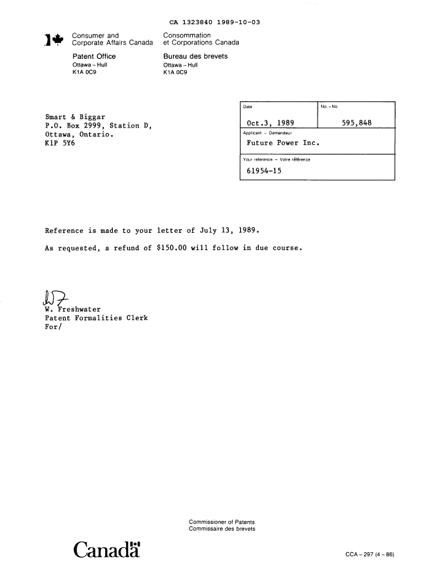 Document de brevet canadien 1323840. Lettre du bureau 19891003. Image 1 de 1