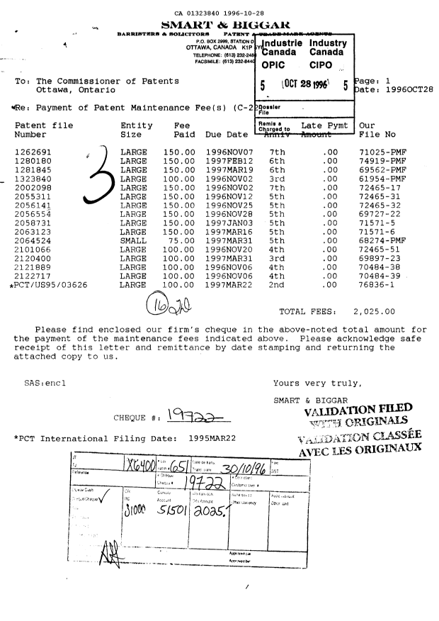 Canadian Patent Document 1323840. Fees 19961028. Image 1 of 1