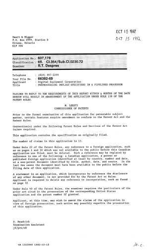 Canadian Patent Document 1323940. Examiner Requisition 19921015. Image 1 of 1