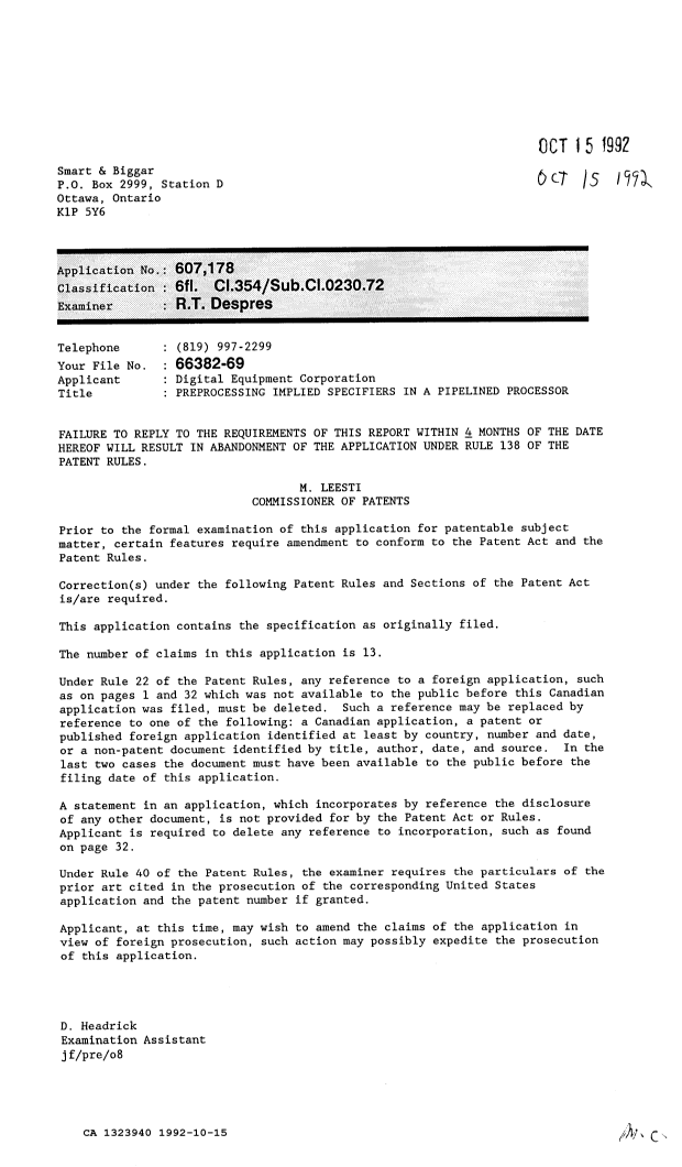 Document de brevet canadien 1323940. Demande d'examen 19921015. Image 1 de 1