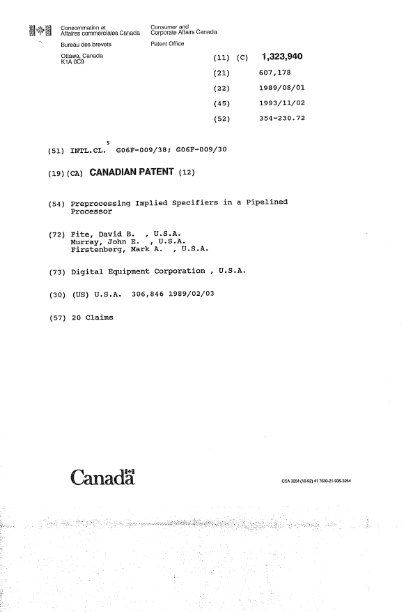 Canadian Patent Document 1323940. Cover Page 19940716. Image 1 of 1
